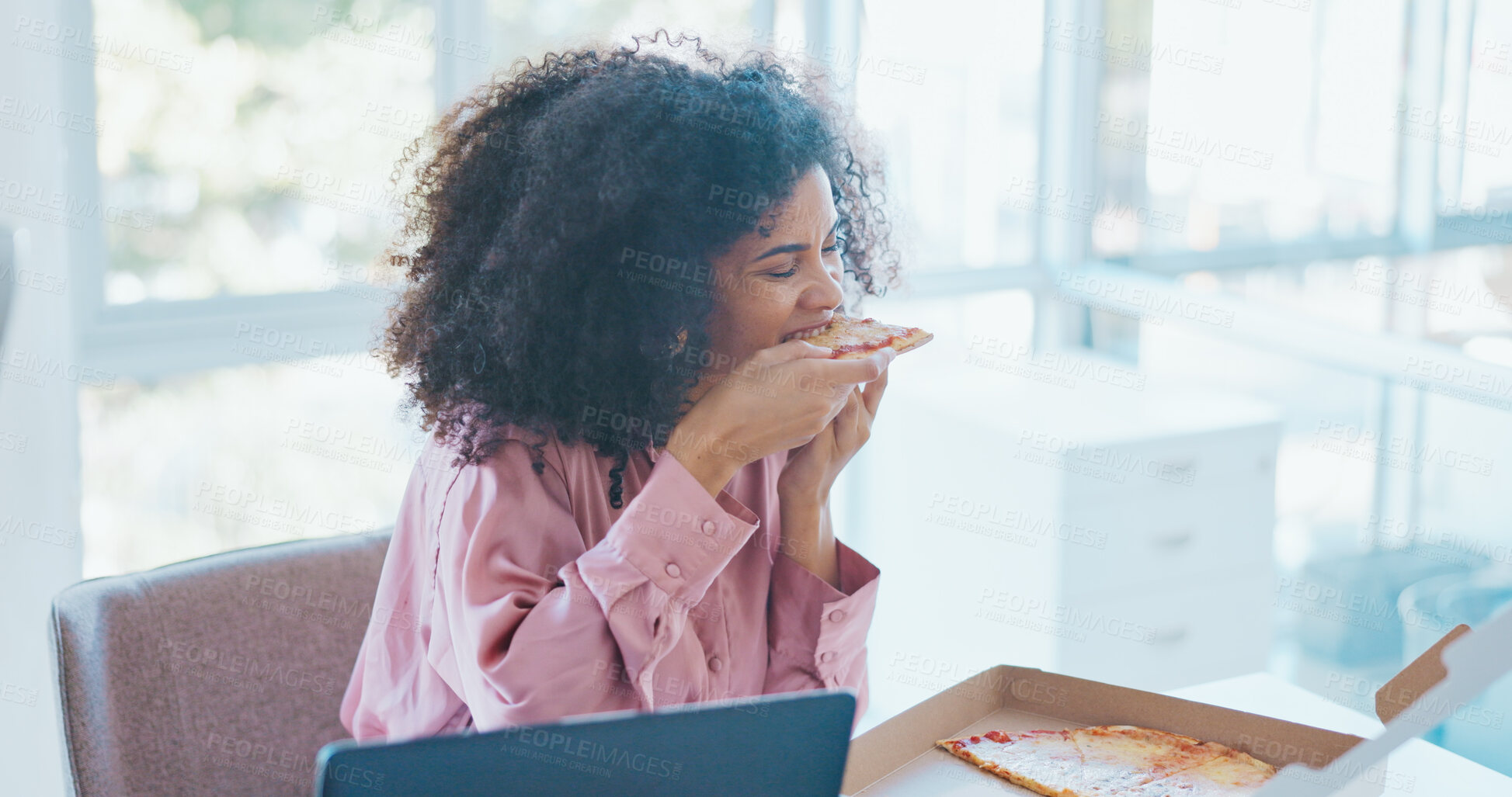 Buy stock photo Business woman, pizza and eating in modern office with fast food, lunch or hungry for meal and working in corporate job. Employee, nutrition and busy with computer on break or eat takeaway from box