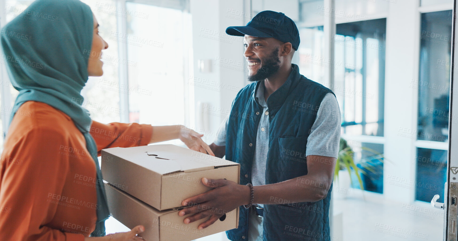 Buy stock photo Delivery, box and logistics with people at front door for shipping, ecommerce and distribution. Cargo, supply chain and online shopping with muslim customer and courier in office for package shipment