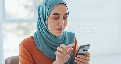 Buy stock photo Business, smartphone or Islamic woman typing, connection and digital app with network, website information and social media. Muslim person, employee and worker with a cellphone and search internet