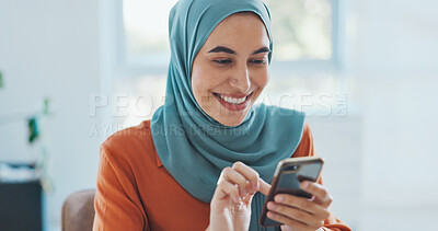 Buy stock photo Business, cellphone or Muslim woman typing, social media and digital app with network, website information and search internet. Islamic person, employee and worker with a smartphone and connection
