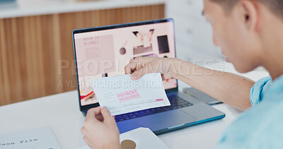 Buy stock photo Debt, payment and man with letter in office with laptop in financial crisis, finance paperwork and bills for audit in workplace. Businessman, reading post or notification for bank invoice or notice