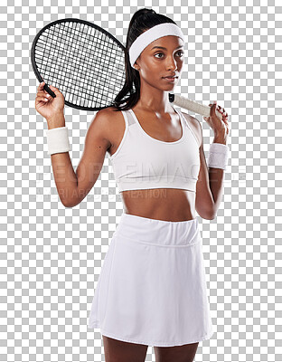Trendy tennis player, fit athlete and active woman ready to play with racket in cool sports uniform while posing against a green studio background. Competitive, determined and serious young female isolated on a png background