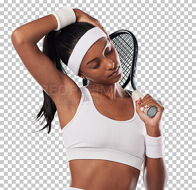 Tennis player stretching neck for warmup, prepare and loosen muscles for sport performance against a green studio background. Fit, active and competitive female athlete ready for sports match or game isolated on a png background
