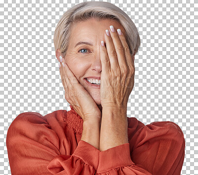 Eye, half and smile of a senior woman in a studio. Portrait of an elderly model lady in beauty with hands over her face in wellness, health and teeth isolated on a png background