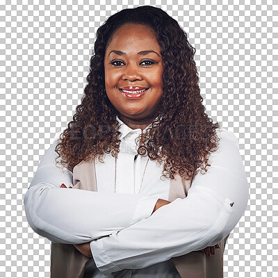 A Portrait, black woman and happy, smile and confident, corporate and employee. Face, woman and proud leader excited about career mission and standing, posing and isolated on a png background