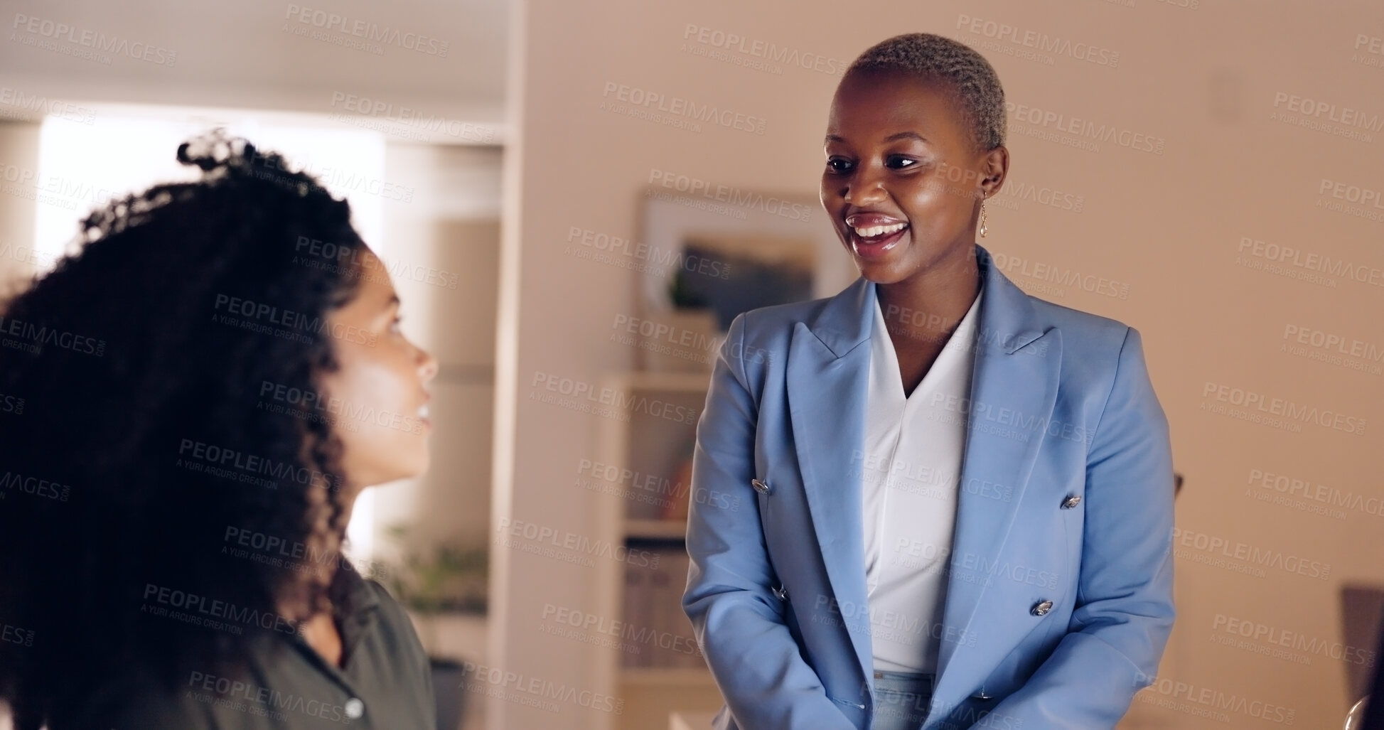 Buy stock photo Office, conversation and business women at night working on project, deadline and planning together. Collaboration, teamwork and workers in discussion, talking and chat for overtime schedule on break