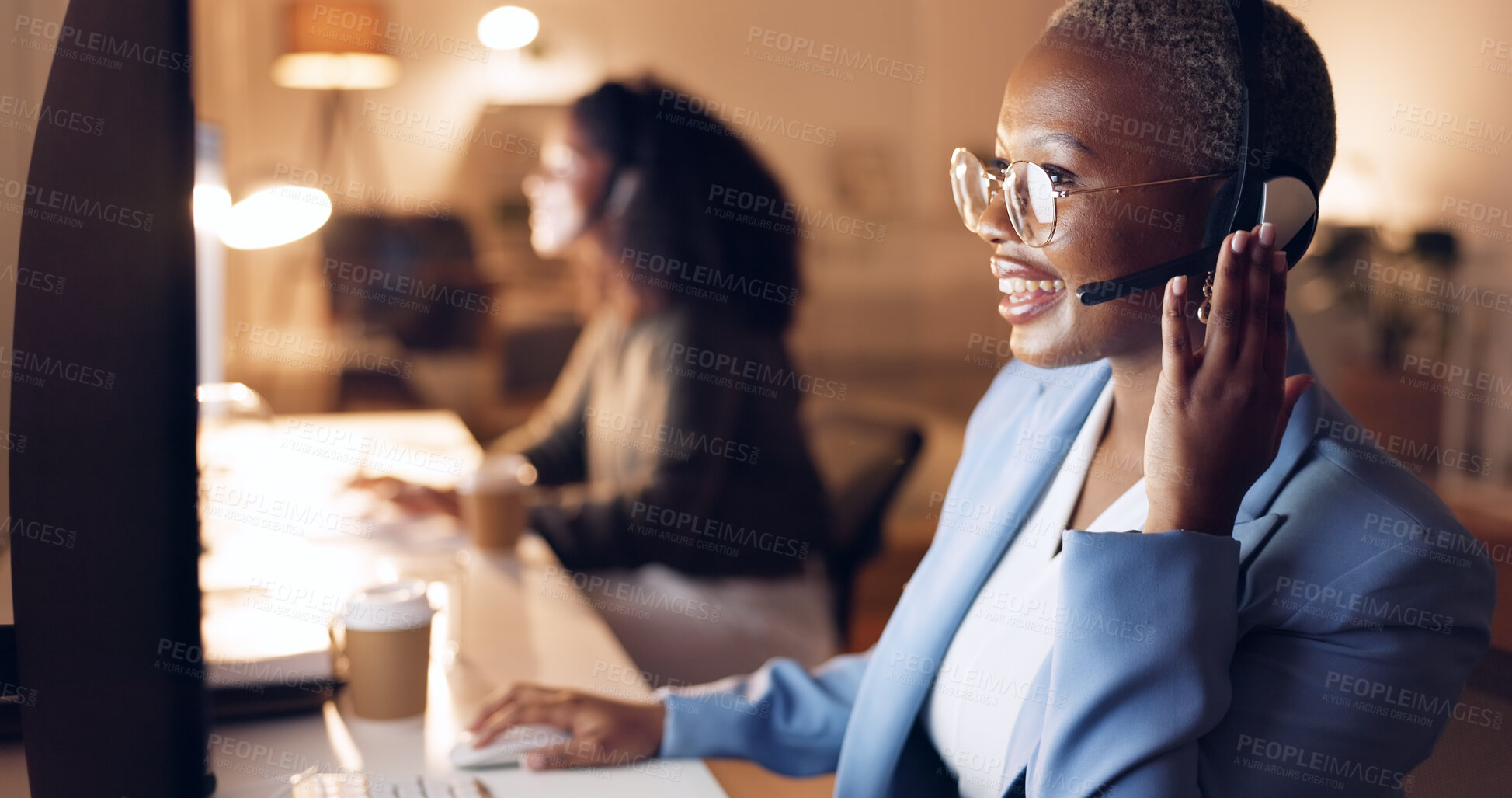 Buy stock photo Happy black woman, call center and night in customer support, service or telemarketing at office. African female person or consultant agent smile in online advice, help or communication in contact us