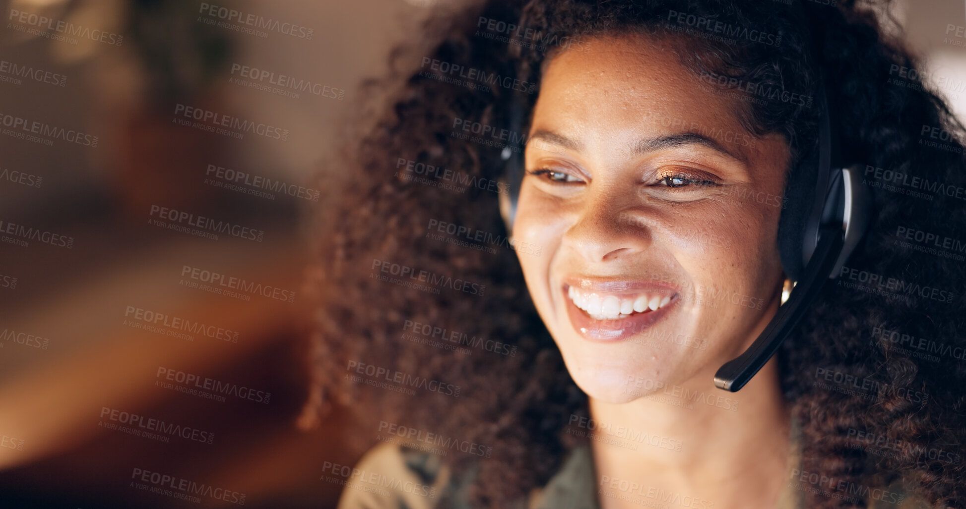 Buy stock photo Happy woman, face and call center at night in customer service, support or telemarketing at office. Female person, consultant or agent smile in online advice, help or communication in contact us