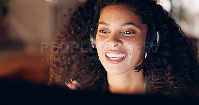 Happy, call center and black woman working in customer support in office at night, friendly and helpful. Crm, telemarketing and consulting by woman agent offering online support and customer service