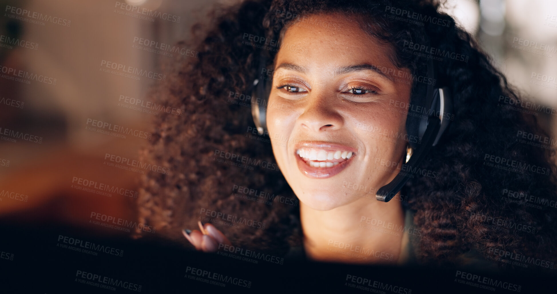 Buy stock photo Happy woman, call center and headphones at night in customer service, support or telemarketing at office. Female person or consultant agent smile in online advice, help or communication at workplace