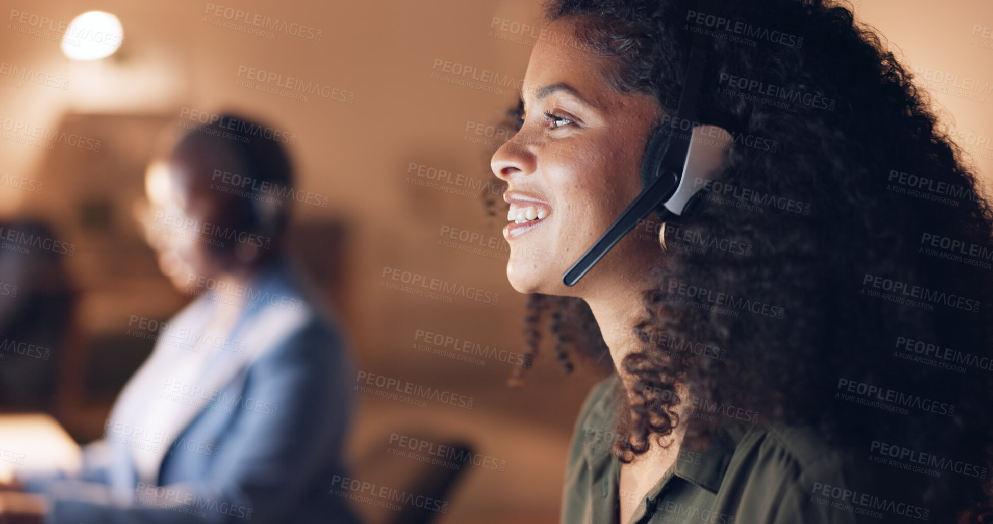 Buy stock photo Happy woman, call center and headphones at night in customer service, support or contact us at office. Female person or consultant agent smile in online advice, help or communication at workplace