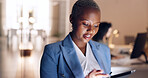 Tablet, research and black woman planning, working and doing search for ideas on the internet at work. Corporate, business and African worker reading communication in an email on technology