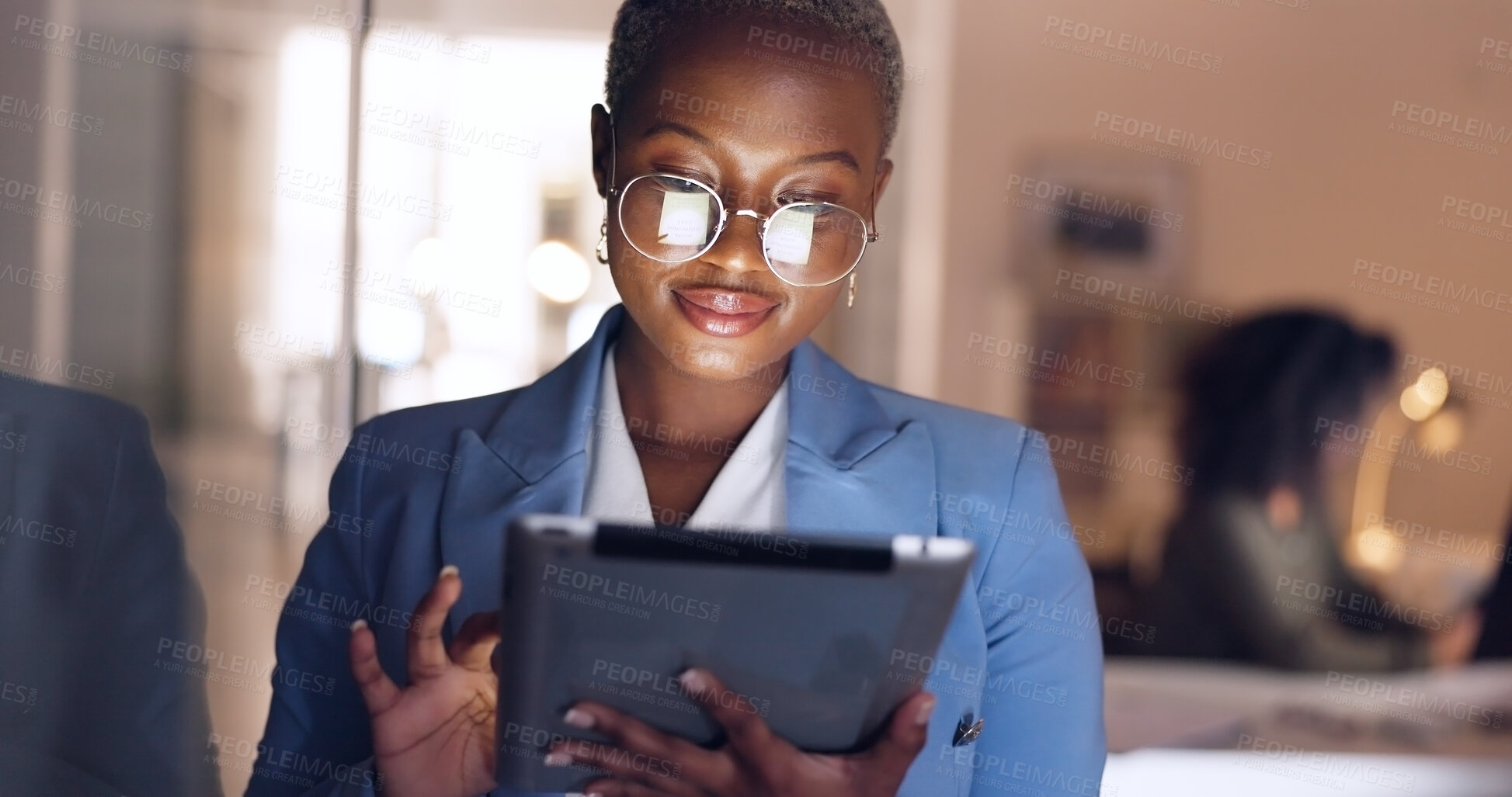 Buy stock photo Black woman, tablet and business in office working on digital design project or online research. Social media, internet scroll and employee planning company website layout on tech of web designer