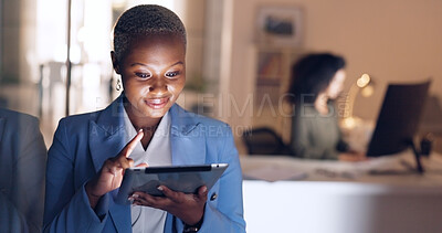 Business, night and black woman working on tablet in corporate office. Technology, internet and businesswoman doing overtime at work, busy with deadline. Online, tech and girl using digital notebook