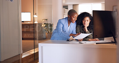 Business woman coaching worker at night modern office, planning documents research and company strategy. Female team employees working overtime on report collaboration, idea analysis and conversation