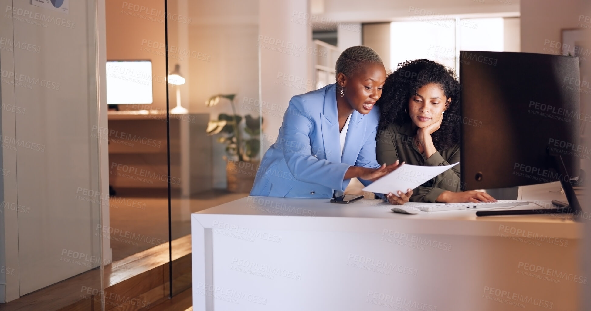 Buy stock photo Teamwork, night and business women on computer for planning, schedule and discussion with manager. Office, collaboration and workers with documents working on online project, report and research