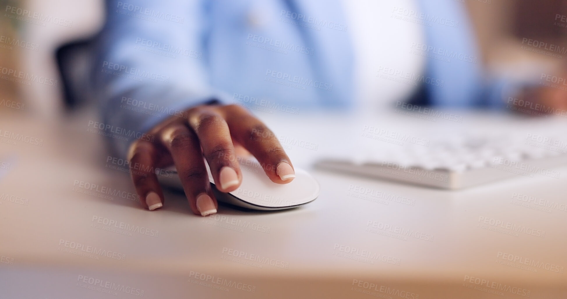 Buy stock photo Search, computer mouse and hands of business person at tech for information, networking and email. Technology, software and keyboard with employee scrolling for website, internet and social media