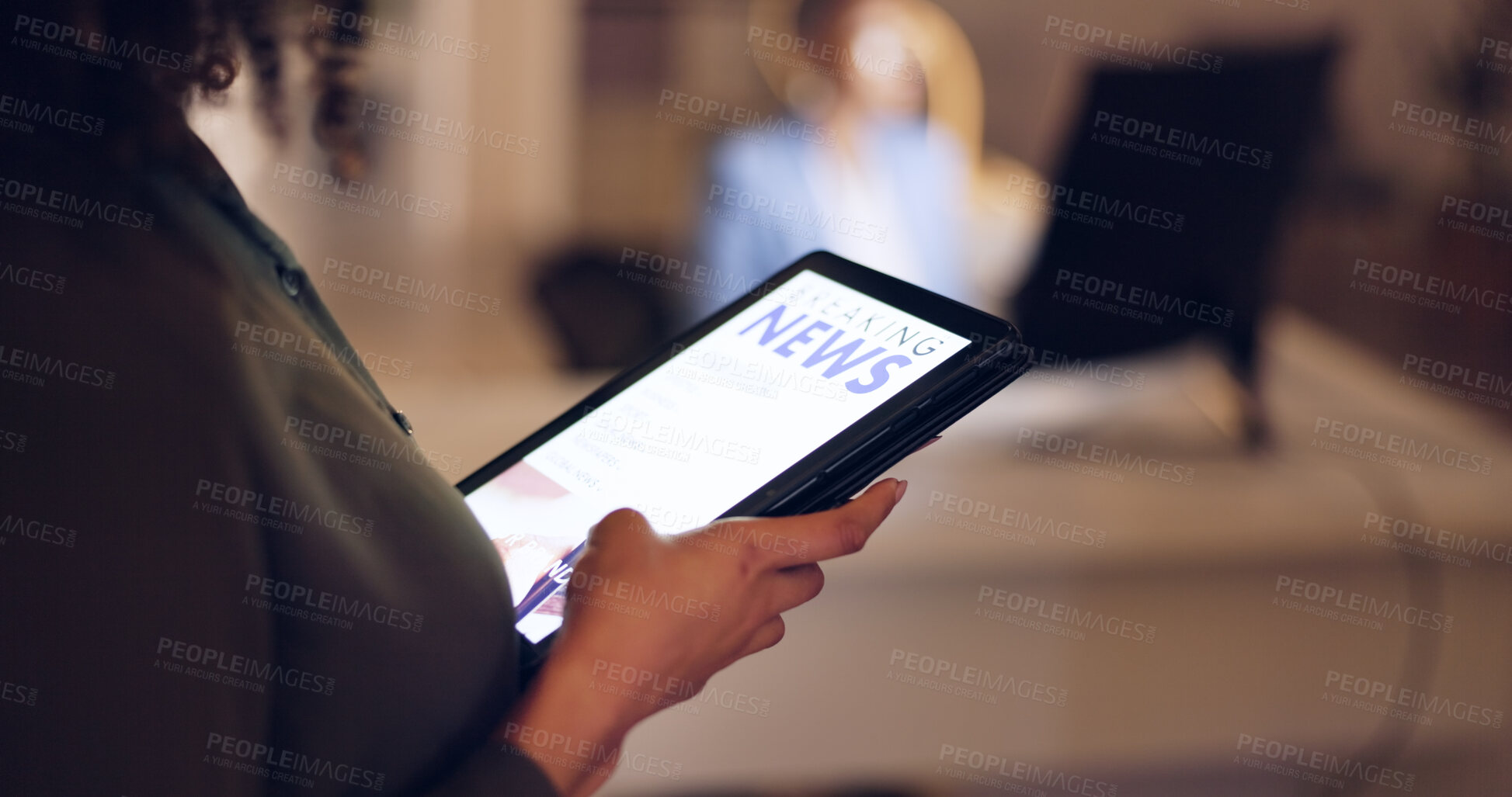 Buy stock photo Woman, hands and tablet at night with news of journalist in review, digital newspaper or article at office. Closeup of female person or editor with technology in online research, blog or social media