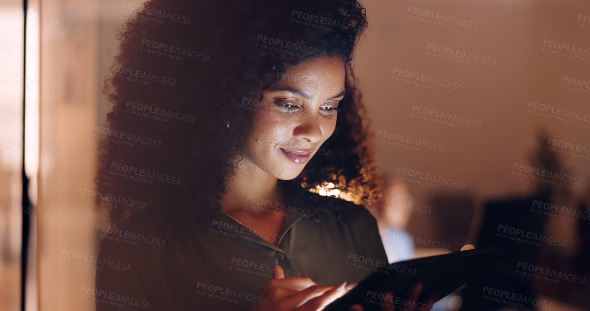 Buy stock photo Night, tablet and planning with business woman in office for research, networking and email. Technology, digital and communication with face of person for online, information and project management