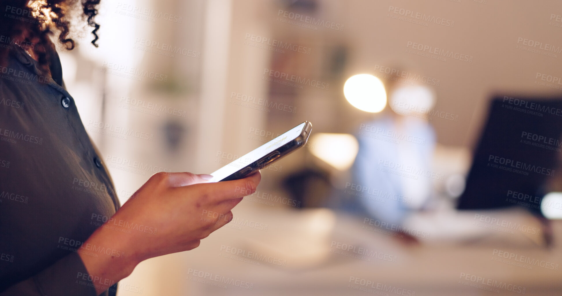 Buy stock photo Woman, phone and hands typing at night in social media, communication or online networking at office. Closeup of female person or employee texting or chatting on mobile smartphone app at workplace