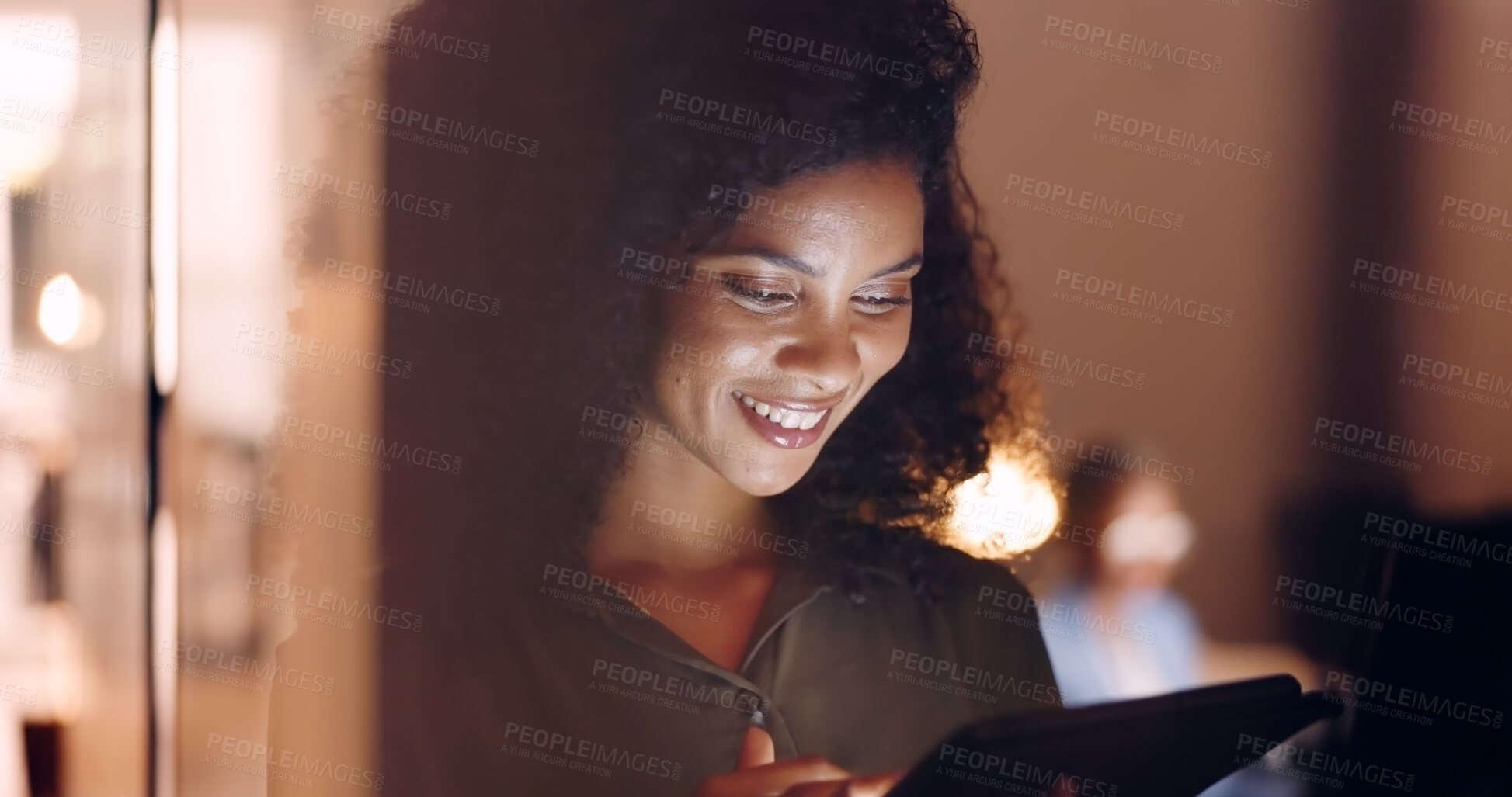 Buy stock photo Night, tablet and online with business woman in office for research, networking and email. Technology, digital and communication with face of person for planning, information and project management