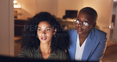 Manager, feedback and woman on computer working on corporate project with leader in the office. Explaining, leadership and black women in collaboration talking and analyzing online business documents