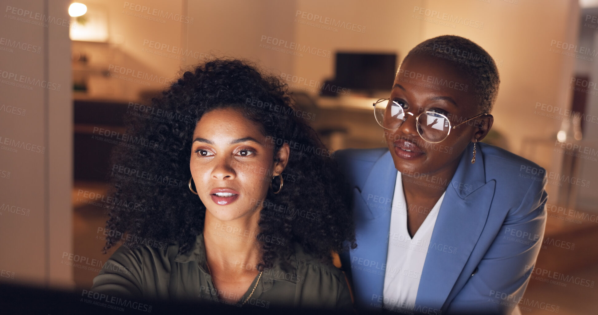 Buy stock photo Business woman, coaching and night in teamwork, schedule planning or training at office. Female person or employees working late in team research, project deadline or plan together at workplace