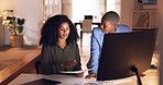 Documents, collaboration and talking with a business woman team working in their office at night. Teamwork, conversation and training with a female employee explaining a report to a colleague