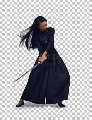 A Samurai, sword and japanese woman fighter, ninja or warrior swing to fight for power, cosplay and fantasy. Asian female from Japan in black fashion with beauty, action and metal weapon for art deco isolated on a png background