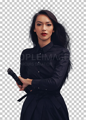 A Beauty portrait, sword and samurai woman art in ninja or warrior fashion to fight for power and fantasy. Asian female from Japan in black cosplay and makeup for action with metal weapon for art deco isolated on a png background