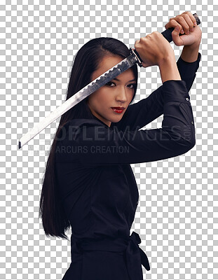A Portrait, sword and samurai with a model woman for martial arts or combat. Training, fantasy and weapon with an asian ninja ready to defend using self discipline isolated on a png background