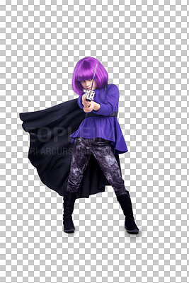 A Little girl, dress up and superhero costume for halloween in warrior stance with sword. Portrait of girl in super hero cosplay, character or vigilante playing in disguise isolated on a png background