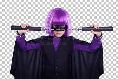 A Girl, halloween and superhero vigilante with nunchucks for fighting. Portrait of isolated little girl playing super hero with martial art karate weapon and purple hair isolated on a png background