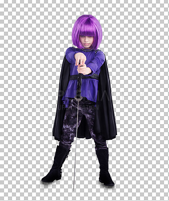 A Portrait, girl or hero costume, fantasy or cosplay character. A person, female child or dress up outfit for superhero, fighter or sword on city shadow backdrop isolated on a png background