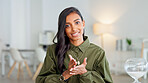 Business woman talking on video call, meeting and seminar while sitting in an office at work. Portrait of one corporate professional making conversation in an online, remote and virtual conference