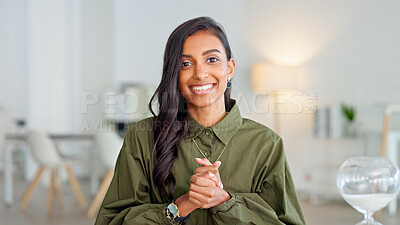 Business woman talking on video call, meeting and seminar while sitting in an office at work. Portrait of one corporate professional making conversation in an online, remote and virtual conference