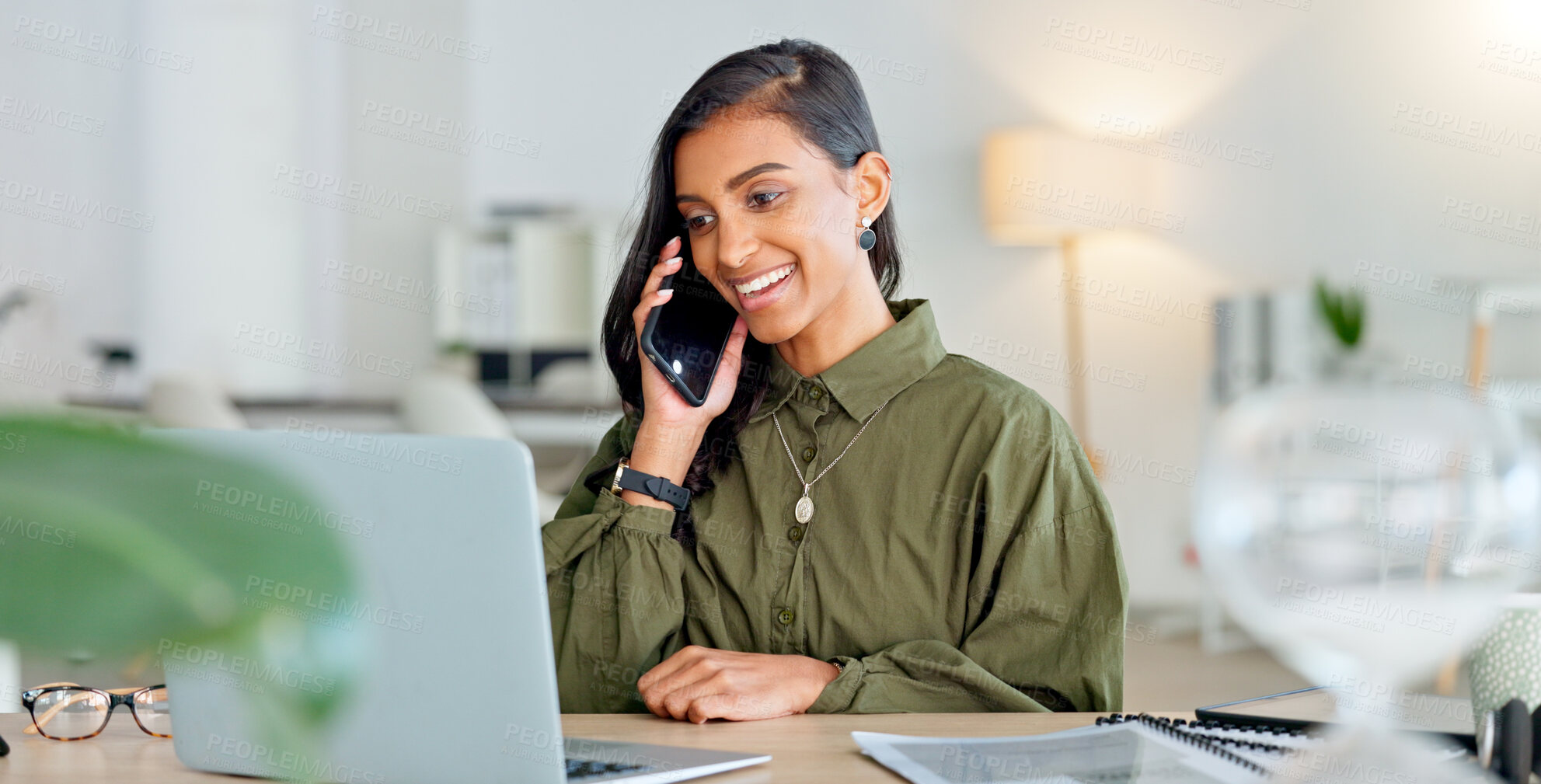 Buy stock photo Phone call, consulting and laptop with business woman for communication, planning and receptionist. Schedule, technology and administration with person in office for networking, email or conversation