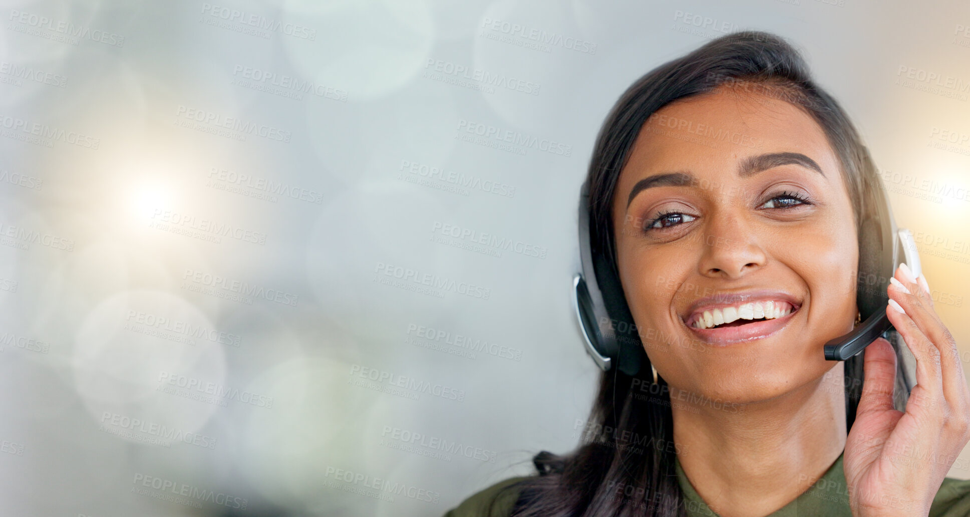 Buy stock photo Portrait, customer service and woman agent working in call center talking to client with headset. Business, employee and crm of telemarketing worker with smile and professional job with mockup space