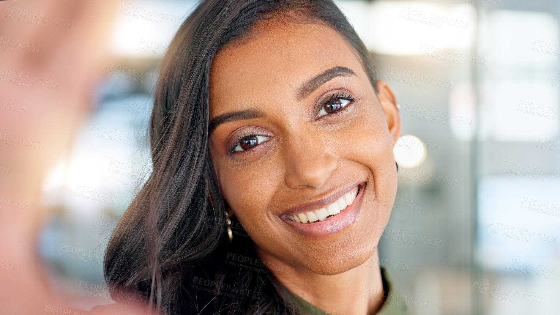 Buy stock photo Selfie, social media and smile with a business indian woman in her office for a profile picture as an influencer. Portrait, happy and a confident young employee live streaming in the workplace