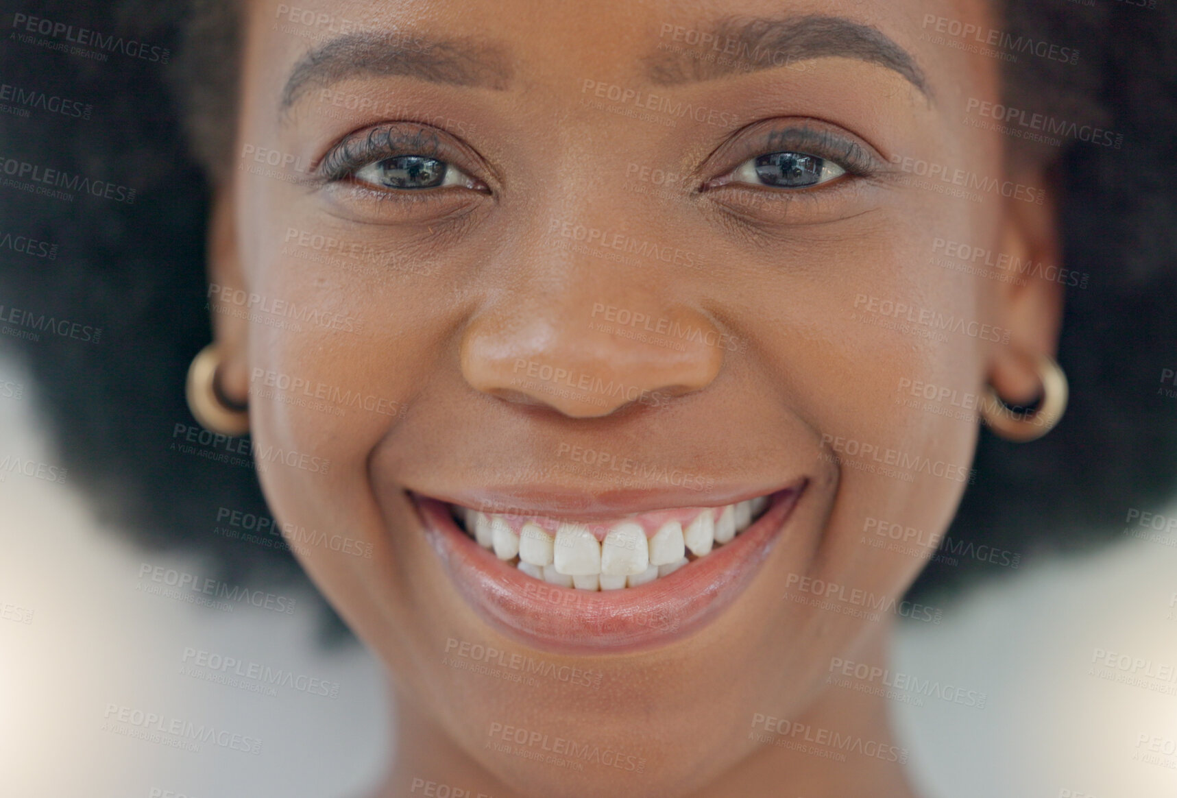 Buy stock photo Face, smile and natural beauty of black woman, cosmetics and teeth to promote dental health or hygiene. Portrait, happy and skincare of African person in facial treatment, wellness and aesthetic.