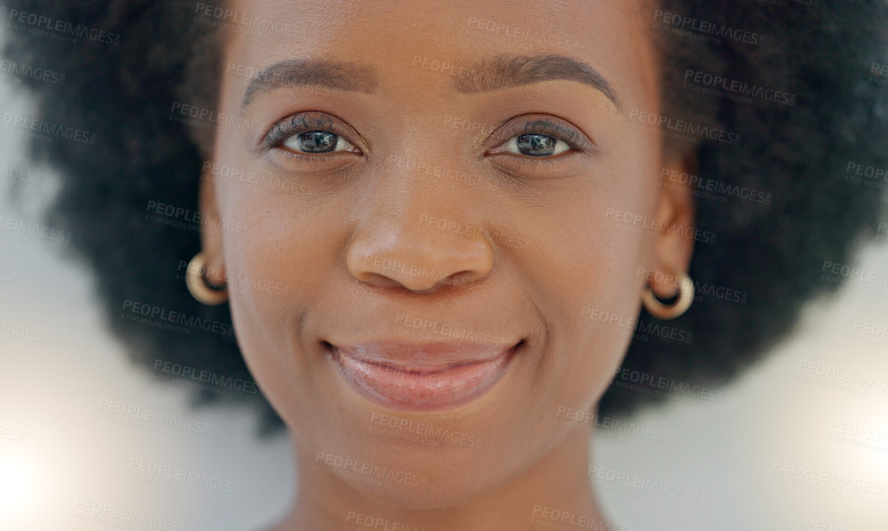 Buy stock photo Face, happy and natural beauty of black woman, cosmetics and dermatology for health of skin. Portrait, smile and skincare of confident African person in spa facial treatment, wellness and aesthetic.