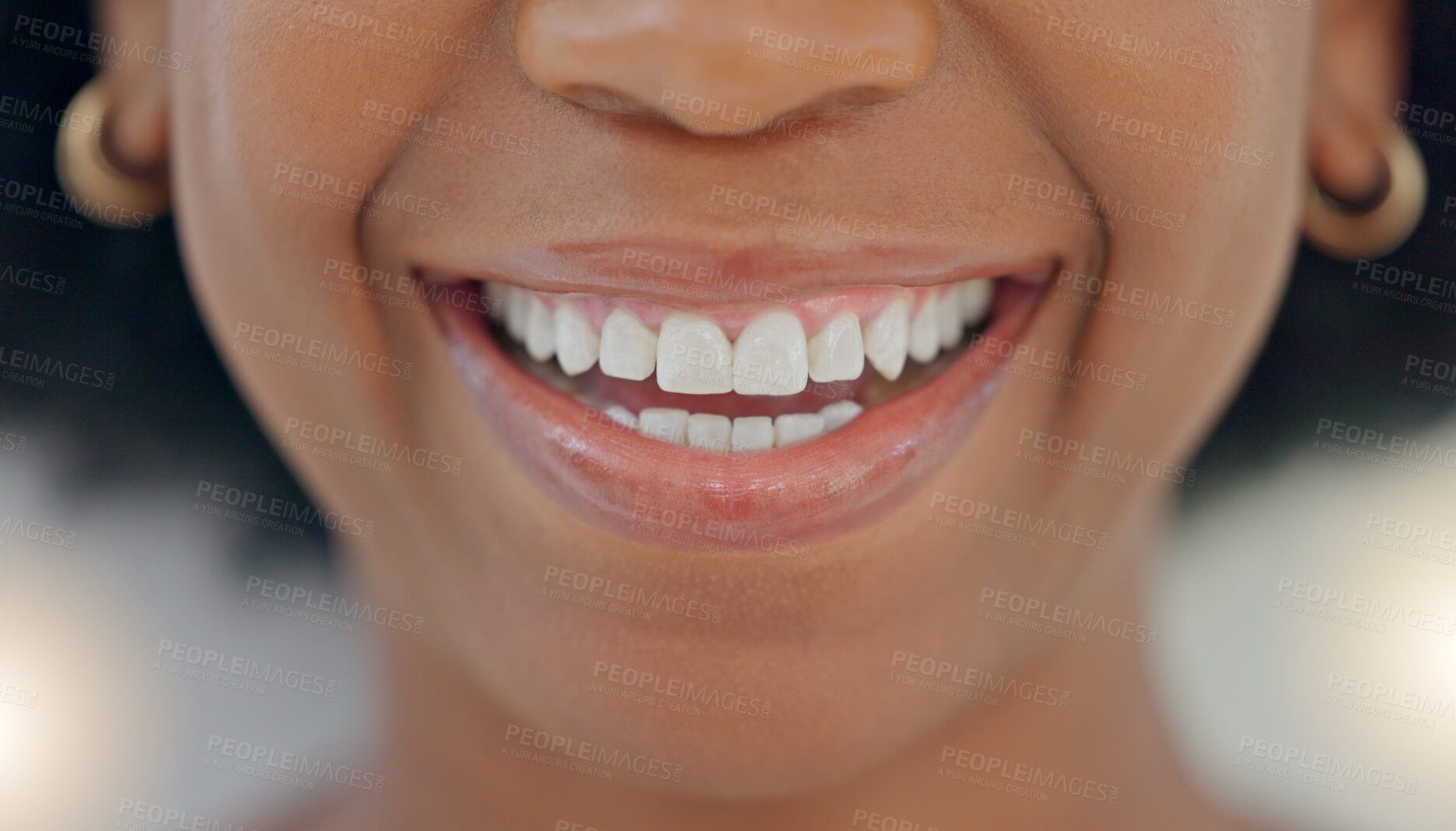 Buy stock photo Closeup, teeth and woman with a smile, dental care and whitening treatment with routine. Zoom, person and girl with grooming, procedure or oral health with hygiene, mouth or orthodontic with wellness