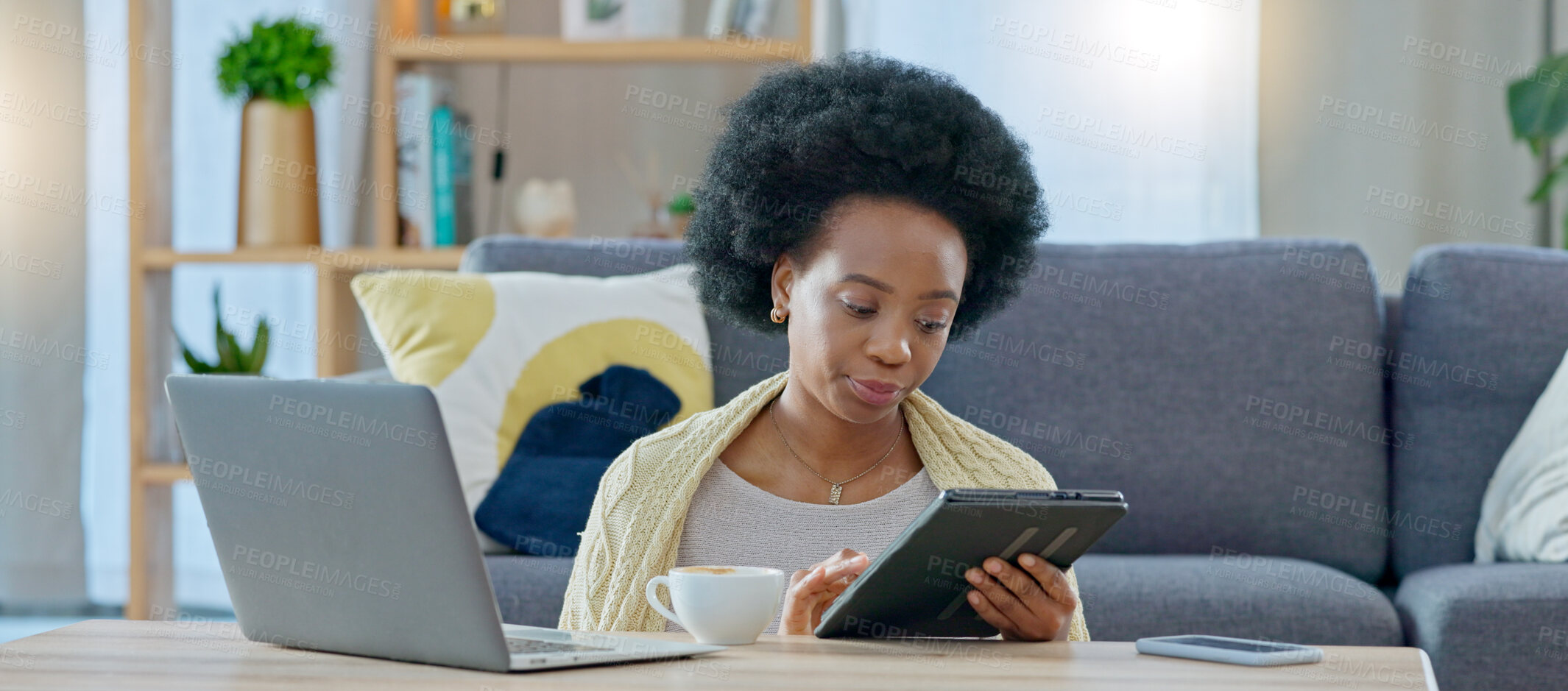 Buy stock photo African woman, tablet and home on floor, reading and relax with espresso, web blog and typing in living room. Girl, digital touchscreen and click with thinking, video and social media app in house