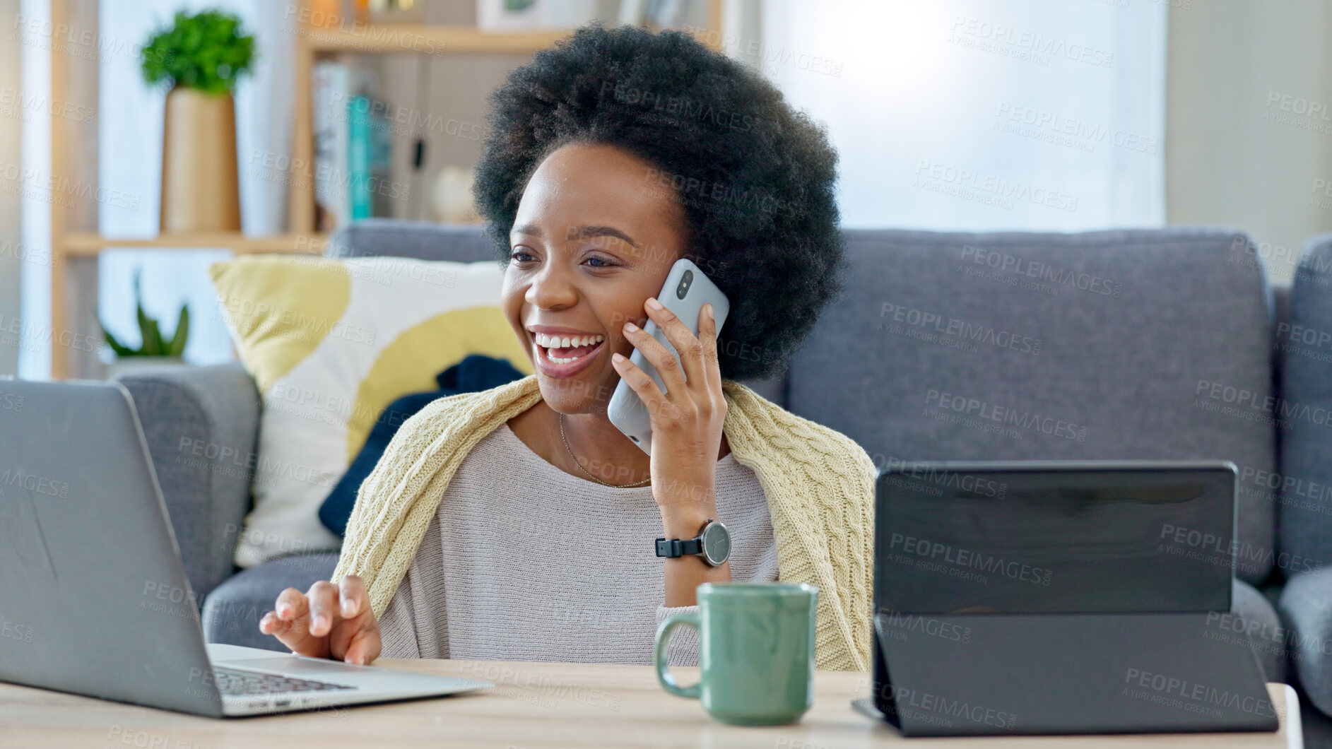 Buy stock photo Happy black woman, laptop and phone call in communication, networking or conversation at home. African female person smile talking on mobile smartphone or computer in online discussion in living room