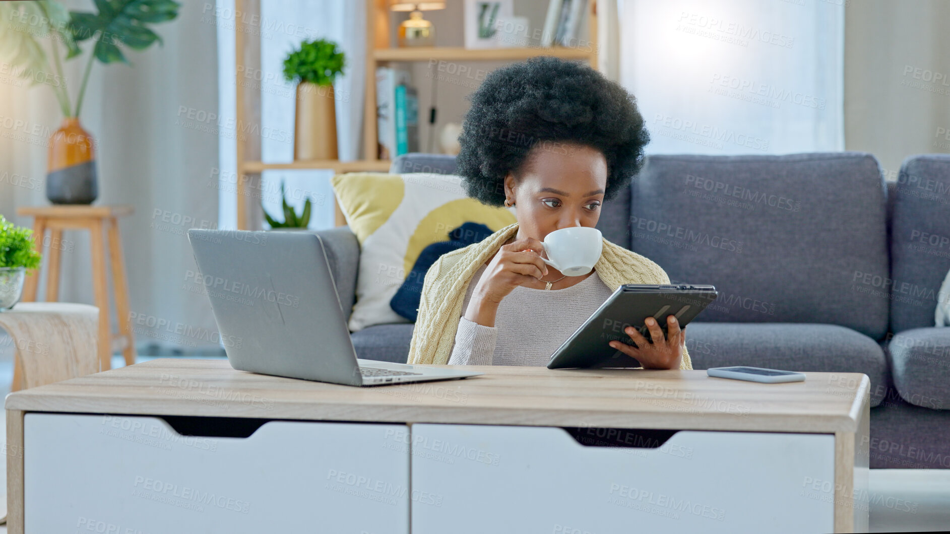 Buy stock photo African woman, tablet and coffee on floor, reading and smile with drink, web blog and typing in home living room. Girl, digital touchscreen and click with thinking, video or social media app in house