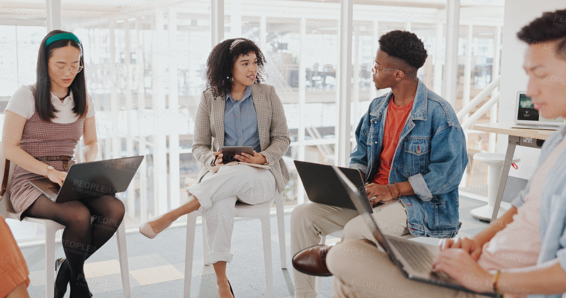 Buy stock photo Business people, brainstorming and laptop with cooperation, meeting and discussion with strategy and progress report. Staff, group and teamwork with technology, talking and feedback with planning