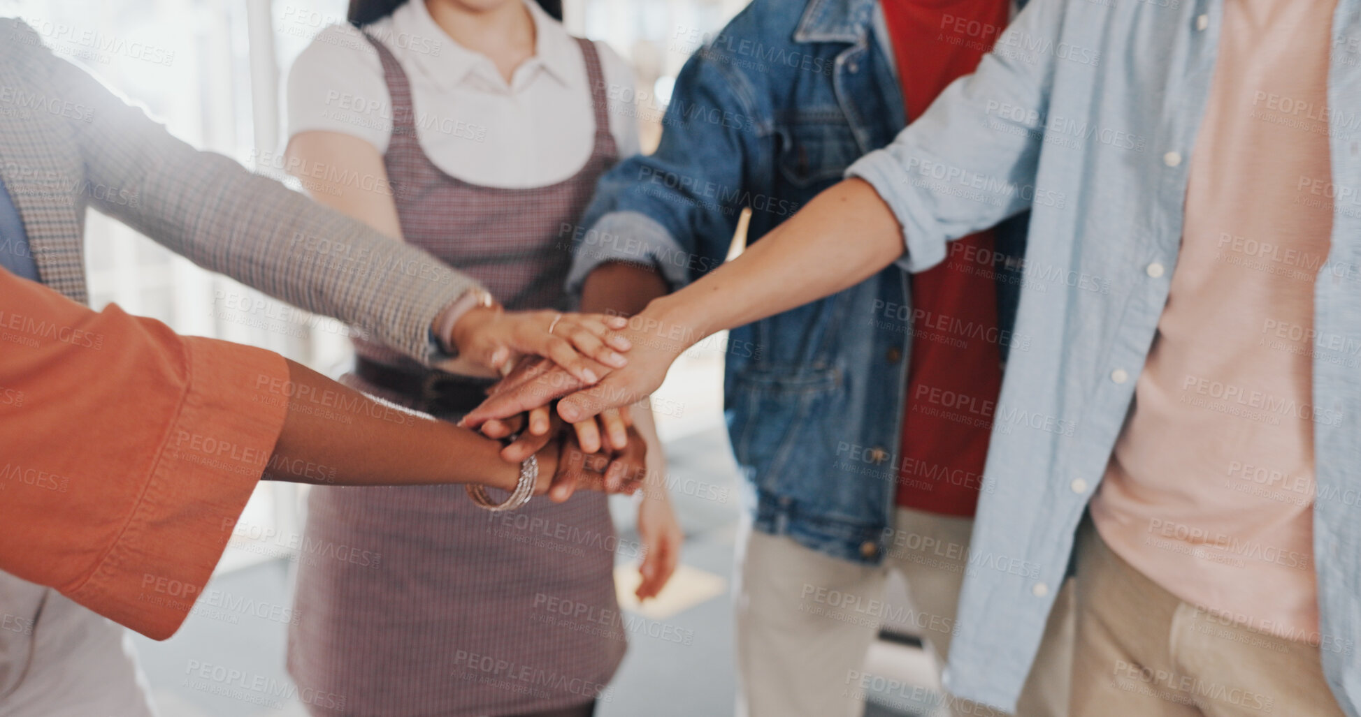 Buy stock photo Stack, teamwork or hands of people in startup for mission goals, collaboration or support. Team building, group or closeup of employees in meeting for solidarity, hope or motivation together 