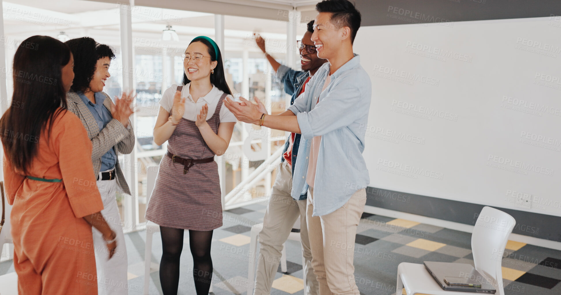 Buy stock photo Applause, winner or happy people in startup with success, goals or sales target achievement in office. Proud team, wow or excited employees in celebration of winning a business deal or bonus victory 