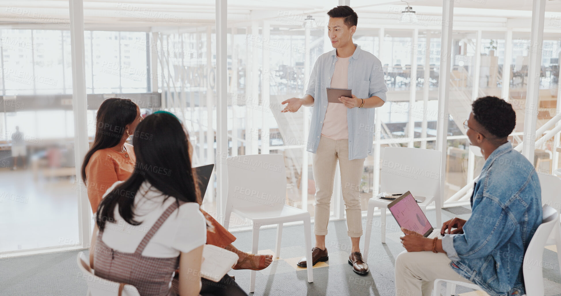 Buy stock photo Presentation, collaboration and man with business people in office for research, planning and discussion. Speaker, teamwork and professional designers working on creative project in meeting.