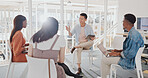 Collaboration meeting, technology and diversity business people review feedback, global sales chart or data analytics. Communication, teamwork and employee group talking about digital marketing idea
